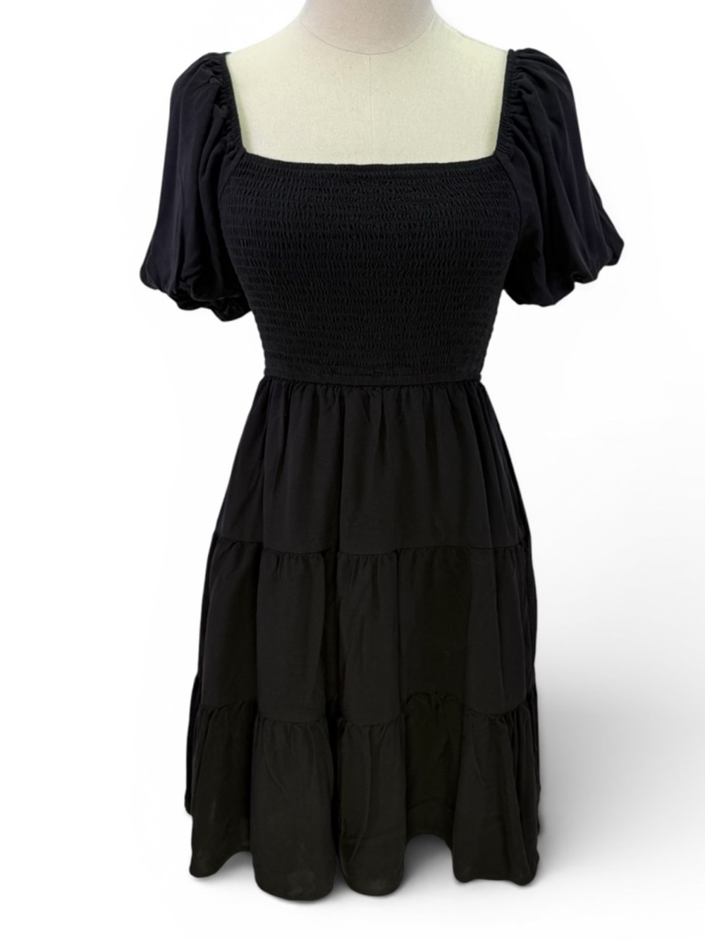 Zesica Women's Black Smocked Puff Sleeve Tiered Mini Dress With Pockets Size S
